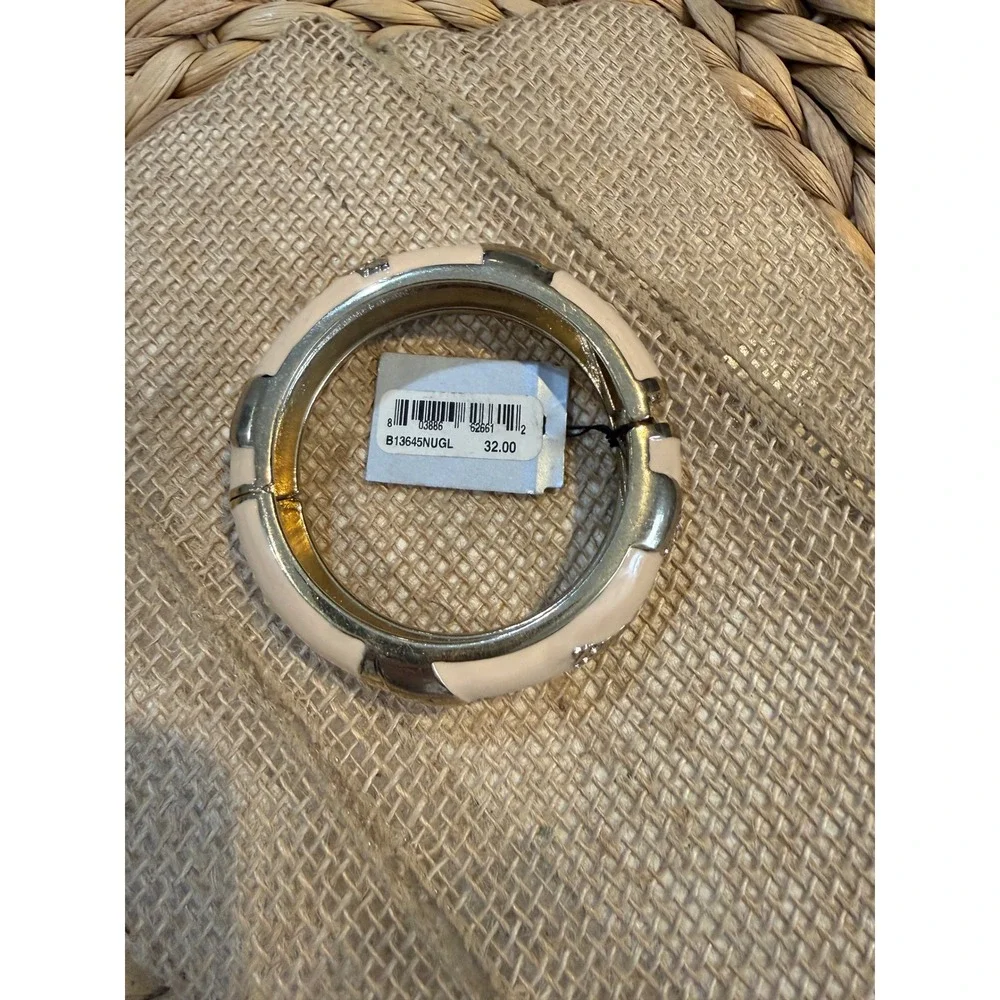 Cream Enamel Shell Clamper Bracelet Silver Tone Crystal Accents Nautical Preppy